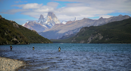 Fly fishing on Lago del Desierto with Mont Fitz Roy in the background