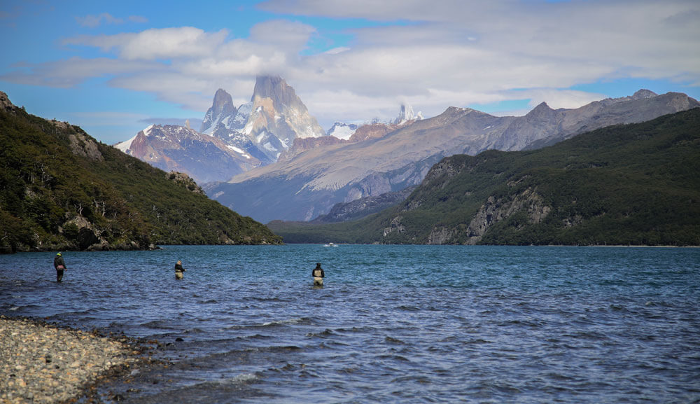 Fly fishing on Lago del Desierto with Mont Fitz Roy in the background