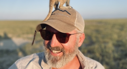 Gareth and a meerkat - Makgadikgadi Salt Pans